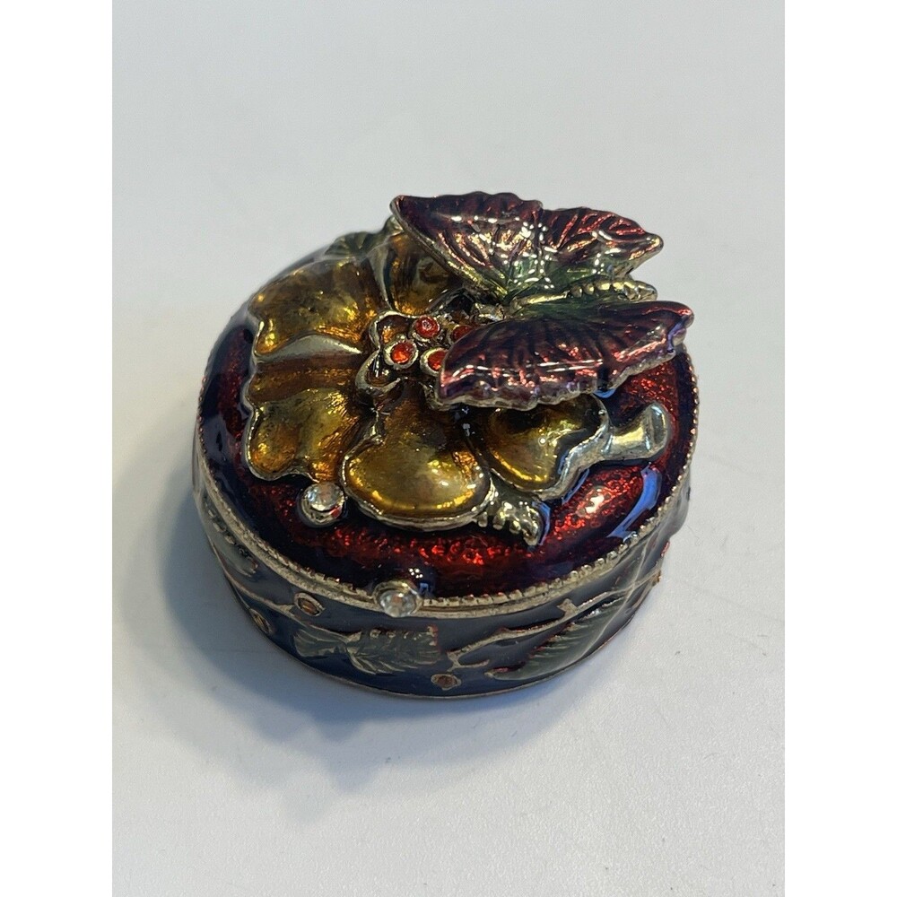 Monet Cloisonné Enameled Red Butterfly Flowers Magnetic Round Trinket Pill Box
